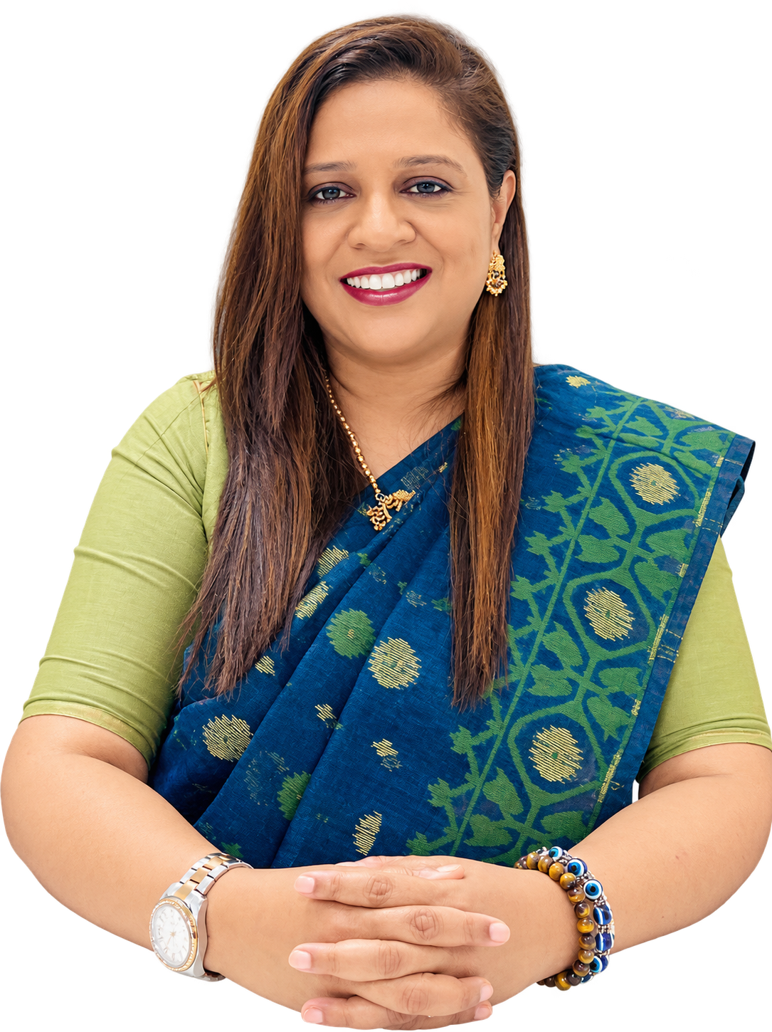 Smiling Woman in Elegant Teal Saree